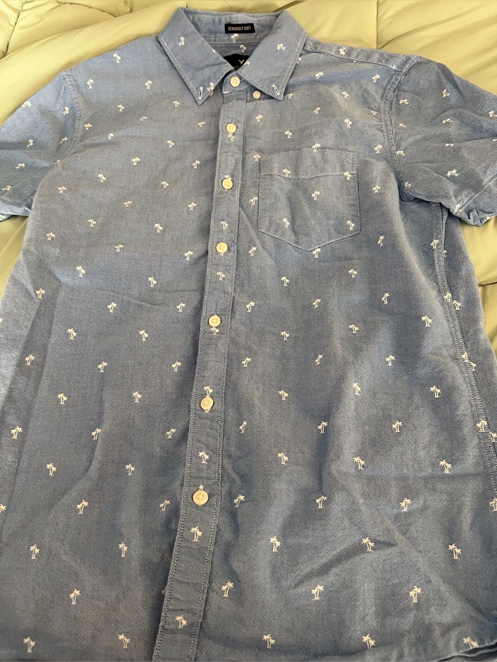 American Eagle Outfitters Light Blue Shirt with White Palm Motif